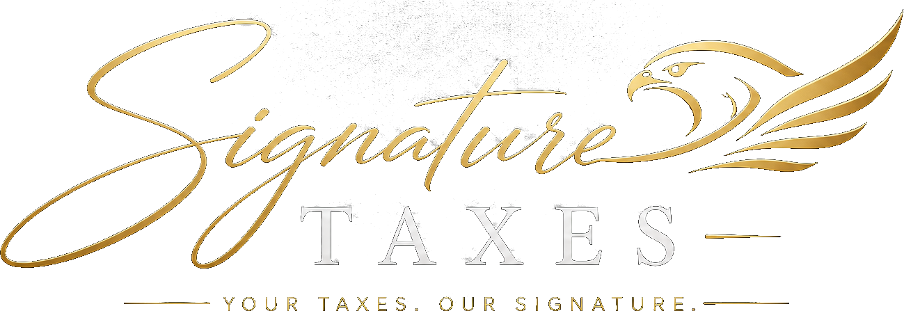 Signature Taxes handwritten signature logo with falcon and the tagline Your taxes. Our signature.